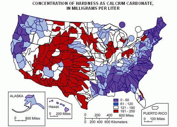 A map of approximate water hardness across the country, from the USGS (source: USGS).