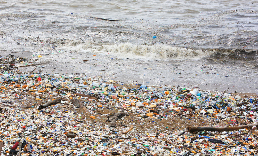 Garbage, plastic bags and bottles covering a city beach